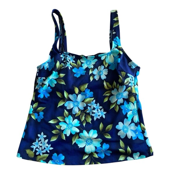 Lands’ End Women’s Tankini Swim Top 14 Blue Floral Built-In Bra - Picture 1 of 5